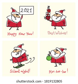 Christmas set of different Santa Clauses with christmas symbol of the year Pig, gifts, christmas tree, banners and other i cartoon style