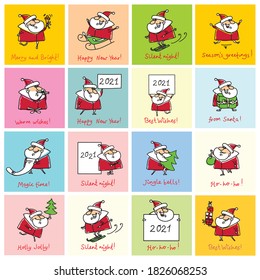 Christmas set of different Santa Clauses with christmas symbol of the year Pig, gifts, christmas tree, banners and other i cartoon style