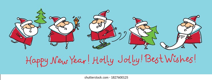 Christmas set of different Santa Clauses with christmas symbol of the year Pig, gifts, christmas tree, banners and other i cartoon style