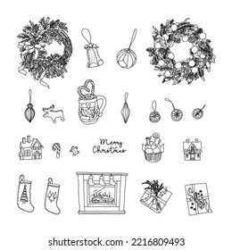 Christmas set of doodle elements. Hand drawn doodle elements in linear style. To create designs, decoration. New Year's set of stickers.