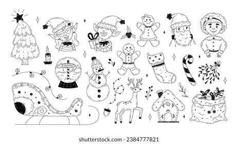 Christmas set of doodle elements. Hand drawn Christmas graphics. Set with candies, gift boxes for gift tags, labels, cards, invitations. Vector stock illustration on isolated white background.