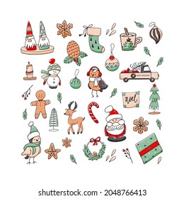 Christmas set of doodle elements isolated on a white background. Christmas decorative toys, Santa Claus, snowman, candy, characters, Christmas tree and gift. Vector illustration in hand drawn style.