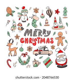 Christmas set of doodle elements with lettering Merry Christmas, isolated on white background. Toys, Christmas characters, candy, Christmas tree and gift. Vector illustration in hand drawn style.