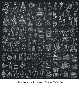 Christmas set of doodle icons Vector illustration on chalkboard