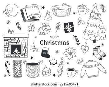 Christmas set in doodle style, fireplace, fir tree, poinsettia, gifts, decorations and more. A collection of contour elements for seasonal design.