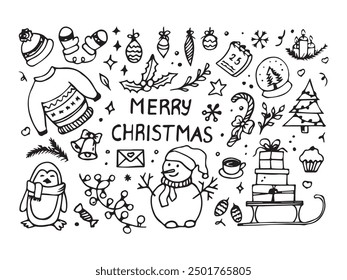 Christmas set in doodle style. Snowman, gifts, sled, warm clothes, Christmas tree, Christmas tree toy. Vector illustration
