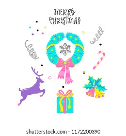 Christmas set in doodle style with tradition holiday elements. Merry Christmas collection. Cute cartoon illustration. Simple vector design can be used for greeting cards, banners, flyers, animation