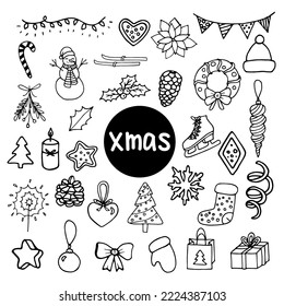 Christmas set doodle style vector illustration isolated on white background. Hand drawn new year graphic