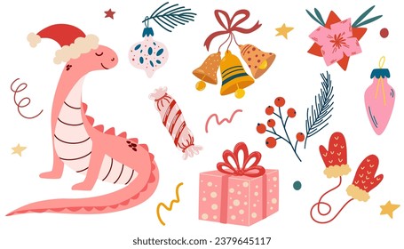 Christmas set with dragon and New Year elements. Happy Chinese new year set 2024 with cute dinosaur in a Santa Claus hat. Animal holidays cartoon character. Vector hand draw illustration