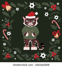 christmas set of drawn cute elements. tiger in a sweater with a deer and a Christmas hat, snowflakes, spruce, bells. year of the tiger 2022. for christmas cards, posters, magnets. flat illustration