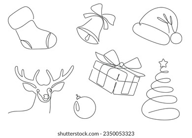 Christmas set drawn in one continuous line. One line drawing, minimalism. Vector illustration.