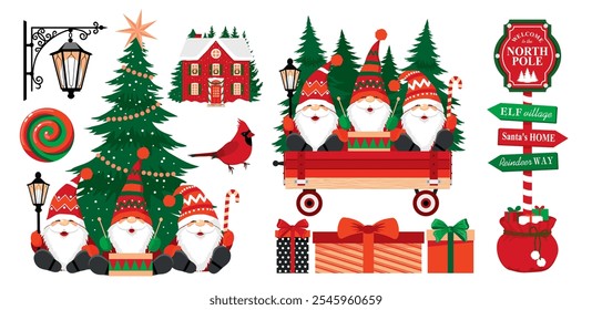 A Christmas set with dwarfs, Christmas trees, cars, a road sign, a house. Funny dwarfs in caps with beards are going to a holiday. Illustrated vector clipart.