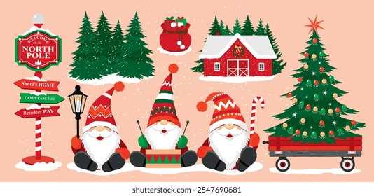 A Christmas set with dwarfs, Christmas trees, a pointer, a house. Three Christmas gnomes in red caps with beards and moustaches. A dwarf with a caramel cane and a lantern. Illustrated vector clipart.