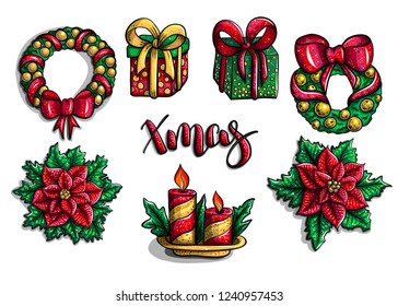 Christmas set of elements Beautiful cartoon illustration doodle