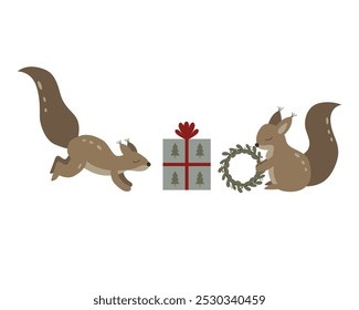 Christmas set of elements, set, clipart with squirrels and gifts. Set of cute clipart with Christmas gifts. Vector graphics. Mistletoe.