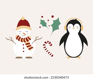 Christmas set of elements, set, clipart withThe penguin and the snowman. Set of cute clipart with Christmas gifts. Vector graphics. Mistletoe. 