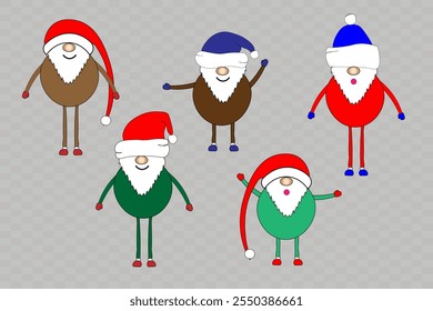 Christmas set of elements. Christmas collection, icons. Funny dwarves in colorful hats with different emotions in motion. Stickers, dwarf, gnome, leprechaun, brownie, elf, fairy tale character.Vector 