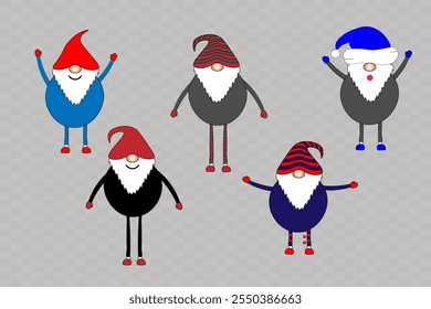 Christmas set of elements. Christmas collection, icons. Funny dwarves in colorful hats with different emotions in motion. Stickers, dwarf, gnome, leprechaun, brownie, elf, fairy tale character.Vector 