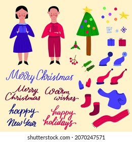 Conjunto de elementos de Navidad. Chica y niño, árbol de Navidad, letras a mano, símbolos de fiestas. Ilustración vectorial.