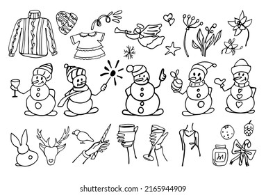 Christmas set of elements in doodle style. The collection includes funny snowmen, Christmas flowers, a knitted hat and sweater, a baby dress, a magic wand, a female figure, a jar, a glass of champagne