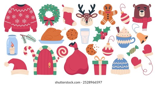 Christmas set. Christmas elements are hand-drawn on a white background