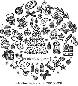 Christmas set of elements, icons, symbols in cartoon style. Hand drawn isolated vector doodles on the theme of Xmas, New Year, winter, holidays