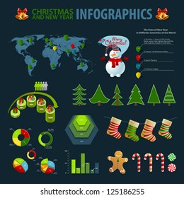 Weihnachtselemente von Infografiken. Weltkarte und Informationsgrafiken. Vektorgrafik.