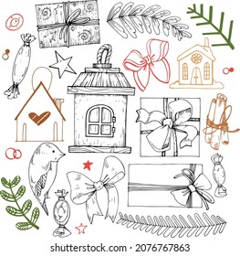 Christmas set of elements. New Year's collection, drawing by hand.