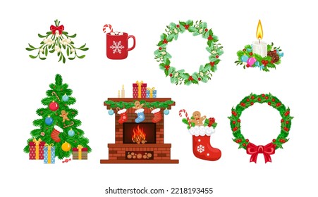 Christmas set. Elements of New Year's decor. Vector bright cartoon illustration.