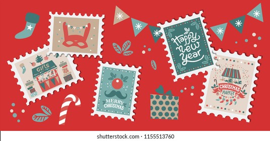 Christmas set with Christmas elements on stamps. Merry Christmas and happy New year emblem, sign. Carousel with horses, garlands, gifts, trees, socks, masks. For tags, label, poster, postcard