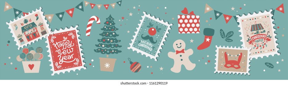 Christmas set with Christmas elements on stamps. Merry Christmas and happy New year emblem, sign. Carousel with horses, garlands, gifts, trees, socks, masks. For tags, label, poster, postcard