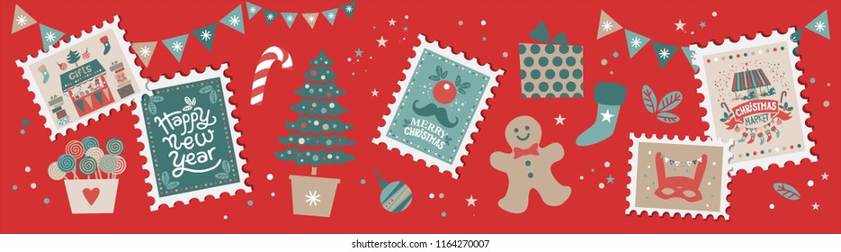 Christmas set with Christmas elements on stamps. Merry Christmas and happy New year emblem, sign. Carousel with horses, garlands, gifts, trees, socks, masks. For tags, label, poster, postcard