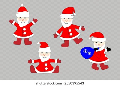 Christmas set of elements on a transparent background.Christmas collection,Christmas icons.A cheerful Santa Claus with different emotions in motion. Holiday elements are perfect for seasonal designs. 