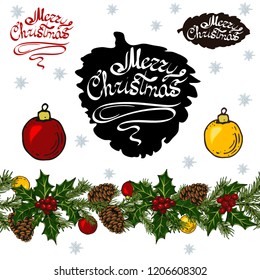 Christmas set elements on white background. New Year's set of elements with endless horizontal brush.