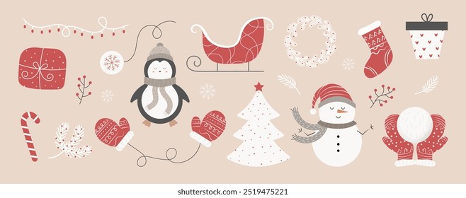 Christmas set of elements. Snowman, Christmas tree, sled, sock, glove. Textured vector illustration