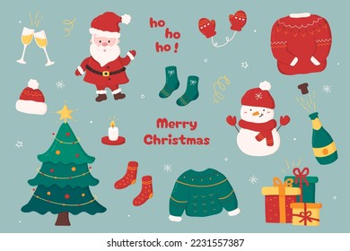 Christmas set of elements. Vector collection of cute Santa Claus, snowman, Christmas tree, gift boxes, champagne, candle, sweaters, socks, mittens and hat in cartoon style