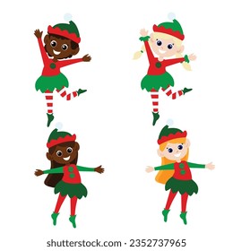 Christmas set of elf girls in traditional costumes in cartoon style isolated on white background. Santa's helpers are happy. They dance, smile. Design of Christmas characters.