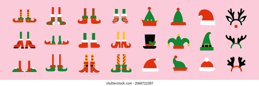 Christmas set of elf legs and elf hats. Isolated illustrations of cartoon shoes and boots for elves feet. Santa Claus red hat, reindeer antlers. Photo Booth props. Winter holiday clipart