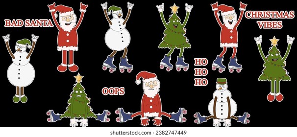 
Christmas set with emoticon Groovy xmas Character in trendy Y2K style on black. Collection of Holiday icon, sticker, symbol and elements isolated black background. Vector illustration. Santa clause.