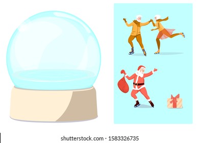 Christmas set. Christmas empty glass snow ball, elegant adult skater couple and skater Santa Claus with bag and gift box. The design elements for your design.