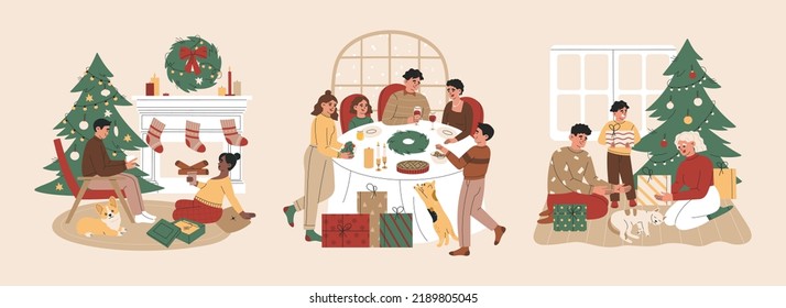 Fiesta navideña de familias con niños celebra en casa. Gente feliz cerca del árbol de Navidad, en la mesa de fiesta, da regalos. Ilustración vectorial dibujada a mano aislada en el fondo de la luz. Estilo de caricatura plano