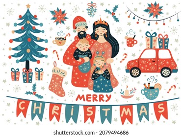 Christmas set family in festive clothes, a Christmas tree, gifts and decorations. 