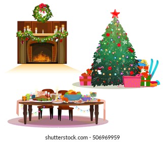 Christmas set: family table, tree, fireside, garland... Flat design, Hand drawn vector illustration, editable separated elements.