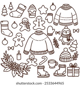 Christmas set featuring cookies, gifts, sweaters, trees, wreaths. Sticker-style design, New Year, penguin