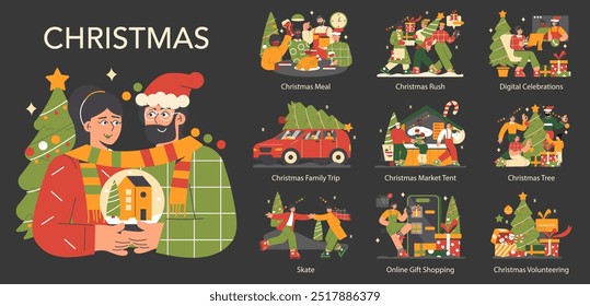 Natal. Atividades festivas e tradições retratadas com personagens alegres. Tempo da família, férias, reuniões de refeição e filantropia. Ilustração vetorial.
