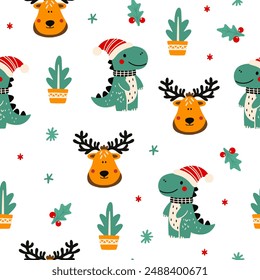 Christmas set with festive dinosaurs and cute characters. Christmas dinosaurs, trees, sweets and toys. Pattern with dinosaurs but new year.