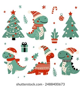 Christmas set with festive dinosaurs and cute characters. Christmas dinosaurs, trees, sweets and toys. Pattern with dinosaurs but new year.