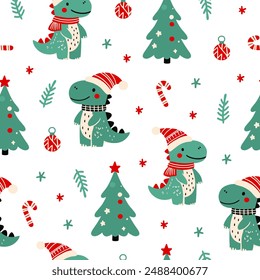 Christmas set with festive dinosaurs and cute characters. Christmas dinosaurs, trees, sweets and toys. Pattern with dinosaurs but new year.