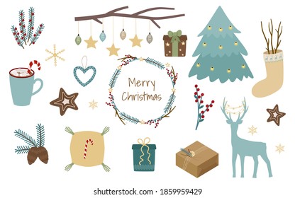 Christmas, a set of festive elements for design and decor. Wreath, deer, garland, branches, spruce, lenok, gift. Vector illustration in a minimalistic style, isolated on a white background.