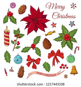 Christmas set with festive elements. Holly plant with red berry and green leaves and Mistletoe, fir branches, glass balls, bells, bows. Isolated elements for festive season design. Vector, hand drawn.